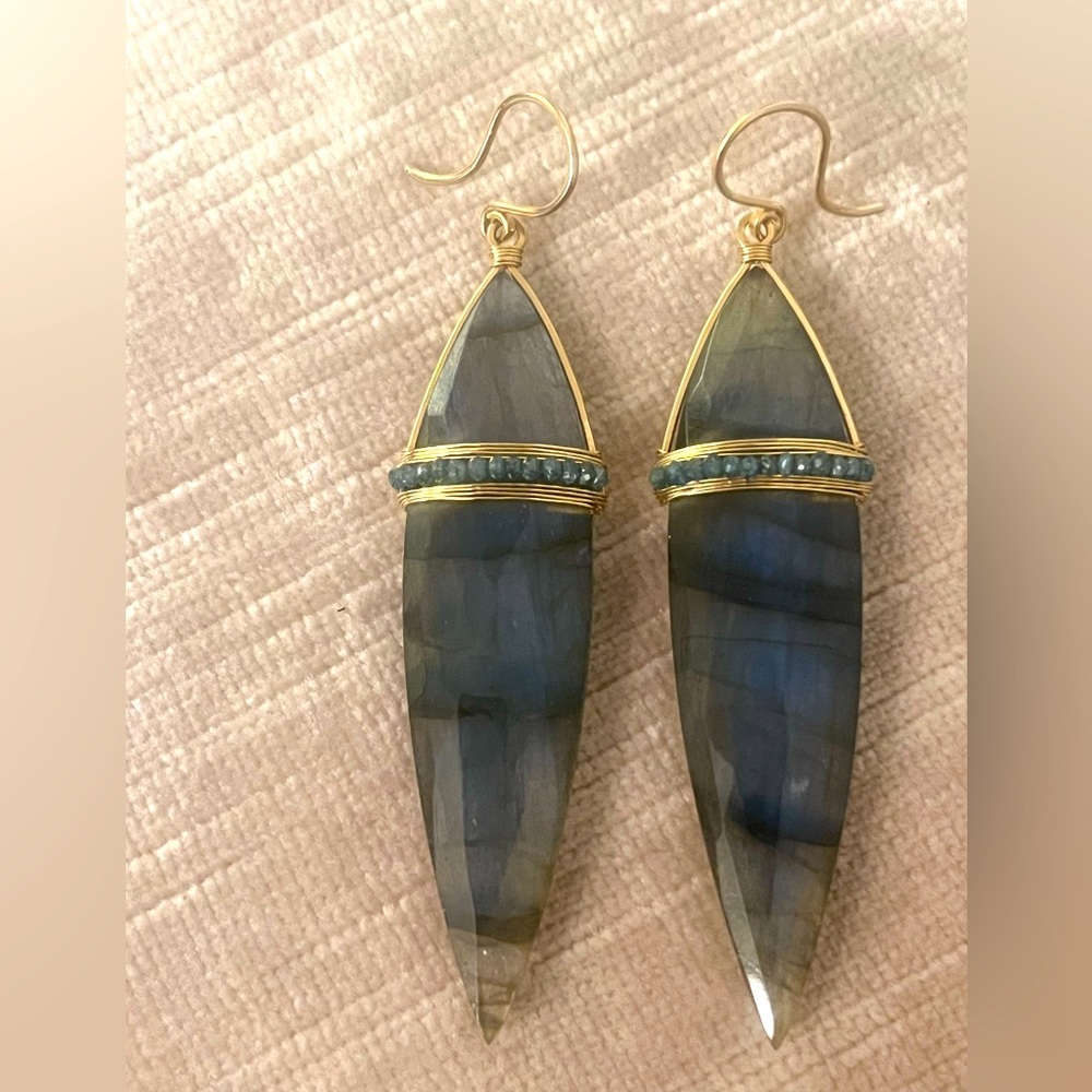 Dana Kellin Labradorite and Blue Diamond one of a kind earrings. 14K Yellow Gold